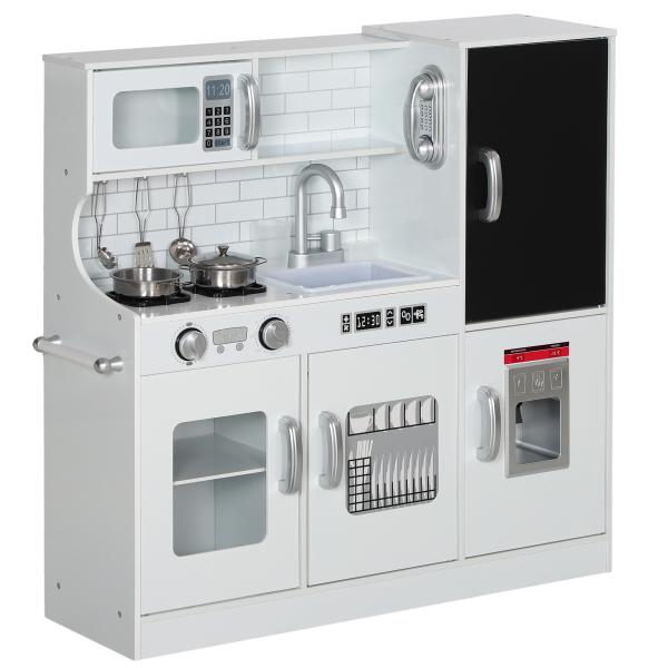Cozinha de Brincar para Crianças Cozinha Infantil de Madeira com Acessórios Máquina de Gelo e Ardósia 83,8x26,8x81 cm Branco
