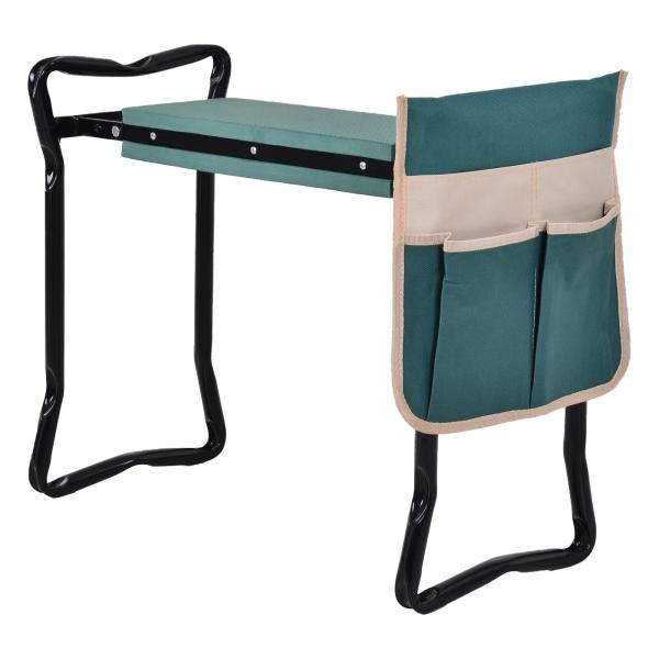 Banco de Jardim Dobrável com Bolsa para Ferramentas Almofada de Proteção para Joelhos Assento de Jardim com Joelheira Altura Ajustável 58x28x49cm Verde e Preto