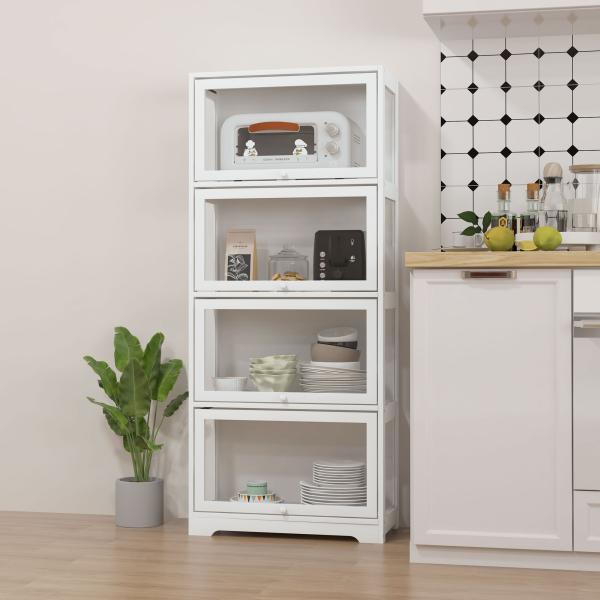 Vitrine Branco de 4 Níveis para Sala de Estar Anti - Tombo 59x30x139 cm com Portas Abatíveis de Acrílico Colecionador