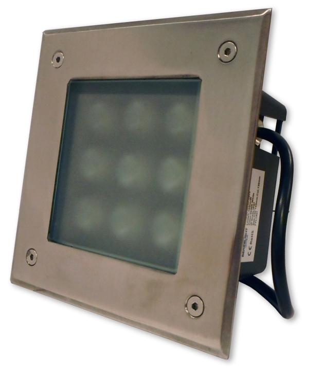Projector LED Quadrado Inox p/ Encastrar IP67 220V AC 9W Branco F. 6000K
