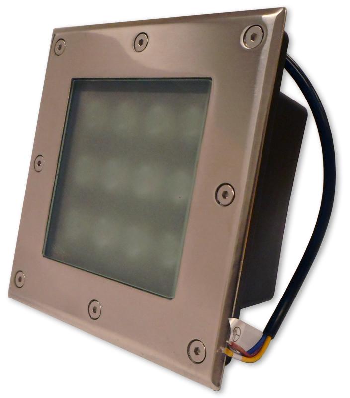 Projector LED Quadrado Inox p/ Encastrar IP67 220V AC 12W Branco F. 6000K