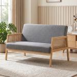 Sofá de 2 Lugares com Efeito Linho Detalhes em Vime Sintético e Estrutura em Madeira até 240 kg 115x77x77 cm Cinza