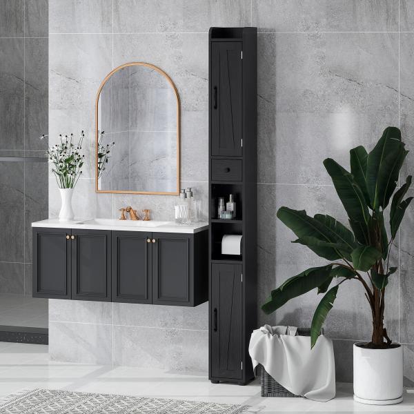 Coluna Casa de Banho com Compartimento Aberto Prateleiras Ajustáveis e Suporte para Papel Higiênico 20x20x185 cm Preto
