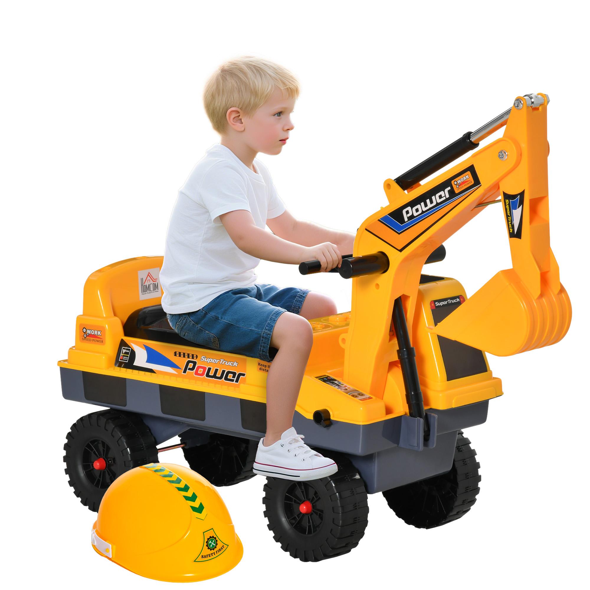 Escavadora Infantil sem Pedais para Crianças de 2 - 3 anos Carro Andador com Pá Pinça de Agarrar Luzes Música e Armazenamento Oculto 90x28x58cm Amarelo