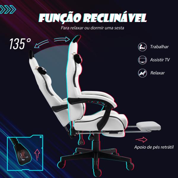 Cadeira Gaming com Orelhas Cadeira Gamer Reclinável com Altura Ajustável e Suporte Lombar 65x62x116 - 124 cm Branco
