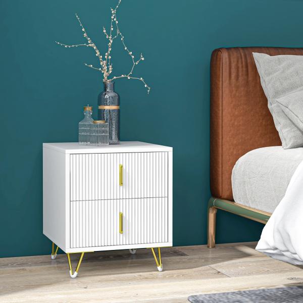 Mesa de Cabeceira com 2 Gavetas Mesa Auxiliar com Pés de Metal para Sala de Estar Dormitório 40x40x47 cm Branco e Dourado