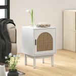 Mesa de Cabeceira com Porta de Vime Prateleira Ajustável e Pés de Madeira Estilo Boémio Mesa Auxiliar 40x35x58 cm Branco