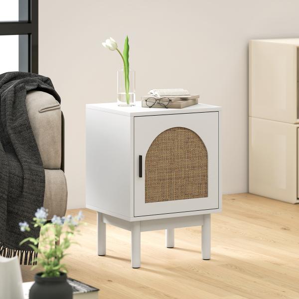Mesa de Cabeceira com Porta de Vime Prateleira Ajustável e Pés de Madeira Estilo Boémio Mesa Auxiliar 40x35x58 cm Branco