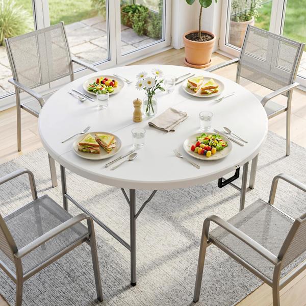 Mesa de Jardim Redonda Mesa de Varanda Dobrável com Estrutura de Aço e Bancada de HDPE Ø122x73 cm Branco