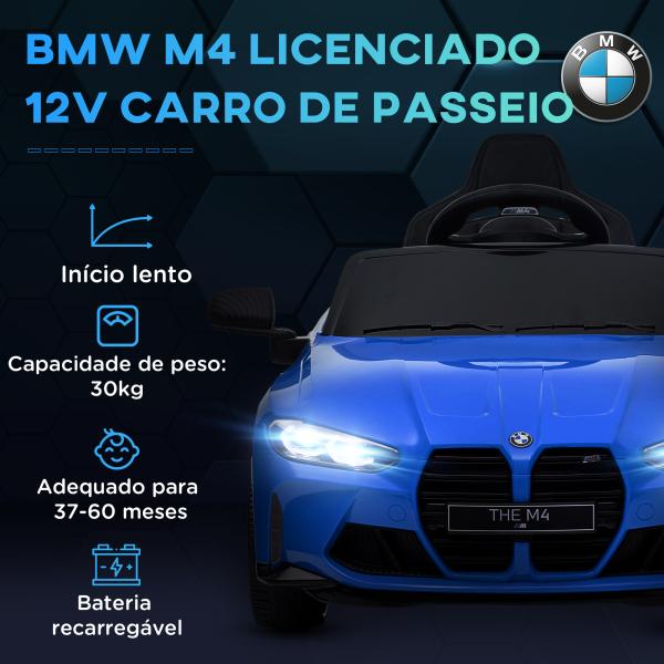 Carro Elétrico para Crianças BMW M4 12V com Controlo Remoto Faróis Buzina Música e Velocidade 3 - 5 km/h 108x69,5x51 cm Azul