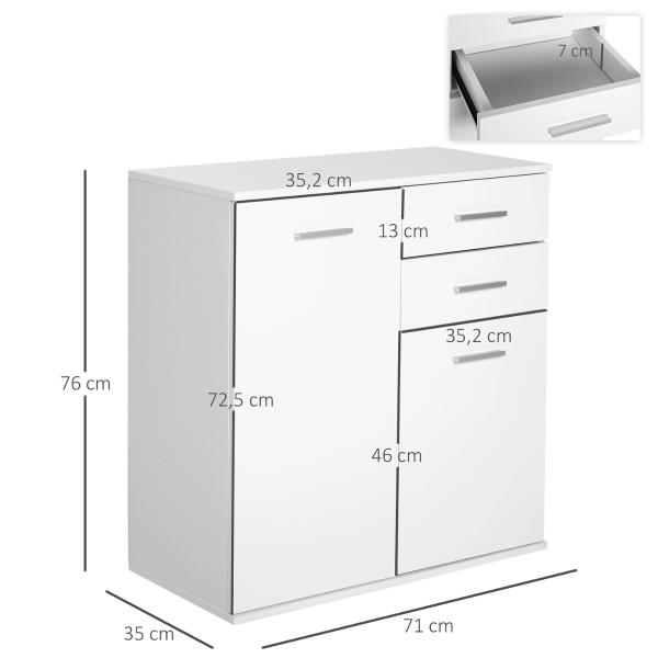 Armário Aparador Multiuso com Portas e Gavetas Amplo Espaço de Armazenamento para Sala de Estar 71x35x76cm Branco