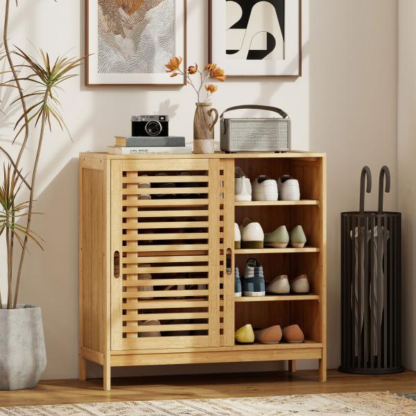 Sapateira de Bambu com 2 Portas de Correr de Ripas Sapateira de Entrada com Prateleiras Ajustáveis para 16 Pares de Sapatos 80x35x80 cm Madeira