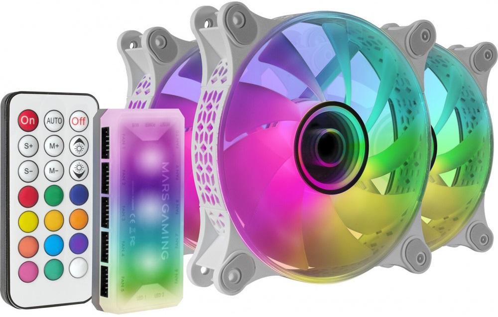 Pack 3x Ventoinhas ARGB MF - 3D 120mm c/ Comando (Branco) - MARS - GAMING