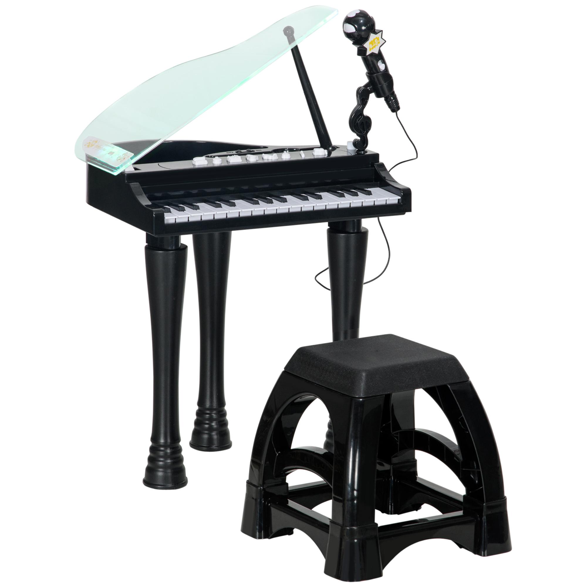 Piano Eletrónico para Crianças com 32 Teclas Microfone banco Luzes 22 Músicas 4 Tons e Volume Ajustável 37x30,5x60,4 cm Preto