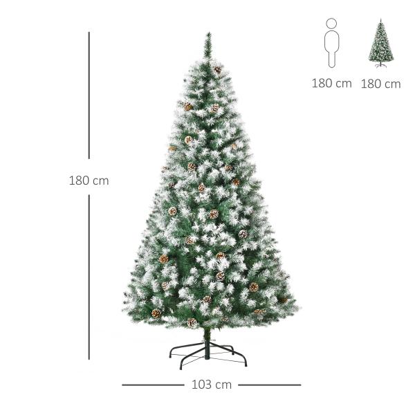 Árvore de Natal Artificial 180cm com 800 Ramos e 61 Pinhas Folhas de PVC com Efeito Neve Base Dobrável Verde