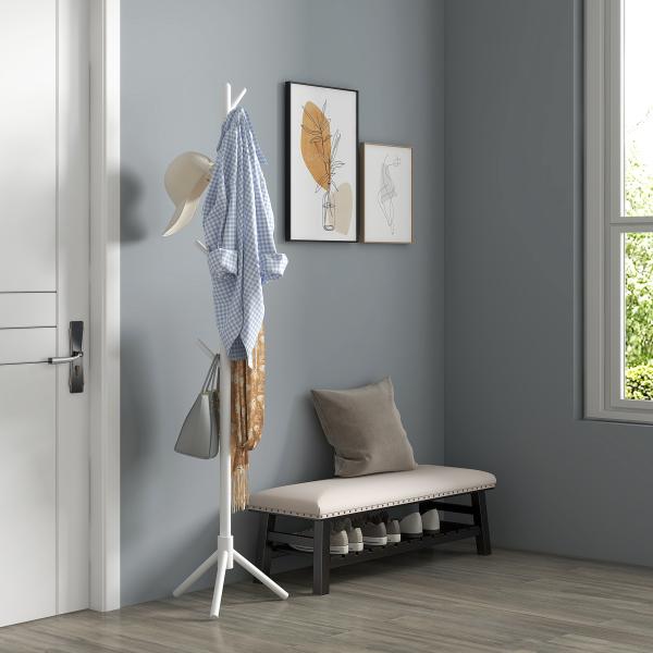 Cabide de Pé de Madeira com 8 Ganchos para Pendurar Roupa e Bolsas para Corredor Entrada 40x40x165 cm Branco