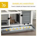 Coelheira de Madeira com Rodas para 1 - 2 Coelhos com Teto Abatível Bandeja Amovível 108x58x73,5 cm Cinza e Branco