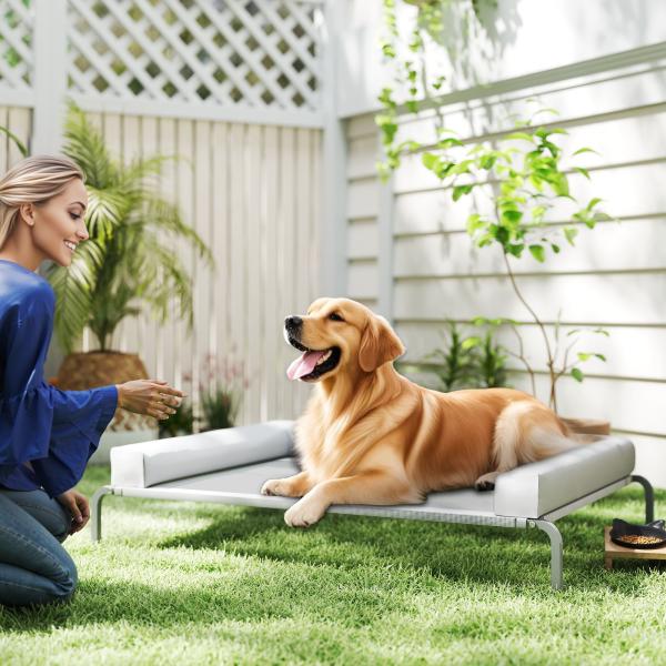 Cama Elevada para Cães com Latertais Amovíveis Cama Elevada para Cães Grandes Portátil com Malha Respirável 130x90x30 cm Cinza Claro
