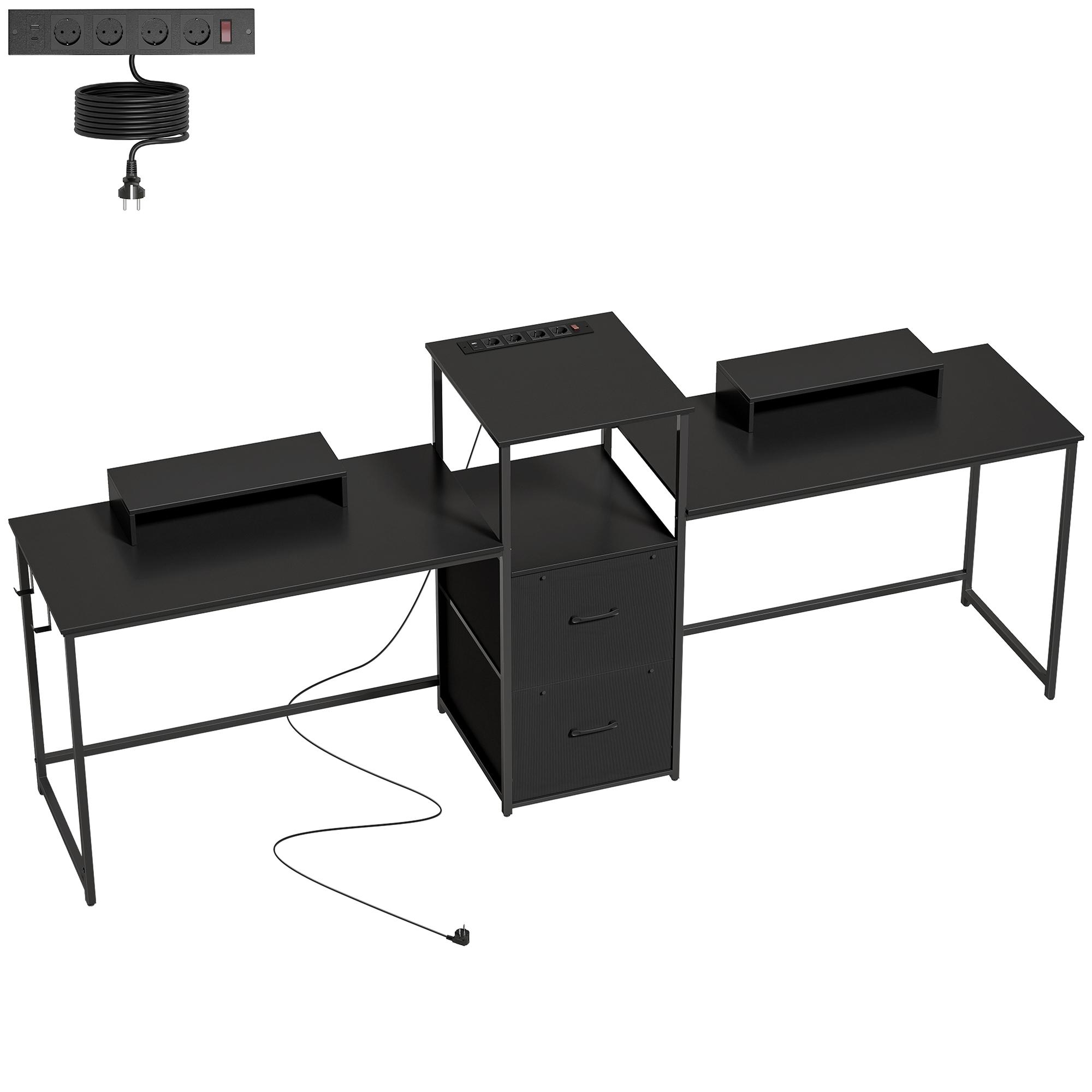 Mesa Gaming Dupla de 244 cm com Estação de Carga Portos USB Suportes para Monitor Gavetas de Tecido Preto