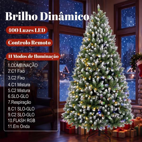 Árvore de Natal 220 cm com 400 Luzes LED, 11 Modos, Telecomando, 1378 Pontas e Base Metálica Dobrável, Verde