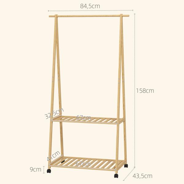 Charriot de Bambu para Roupa Charriot para Roupa com Rodas 2 Prateleiras Abertas e 2 Ganchos 84,5x43,5x158 cm Madeira