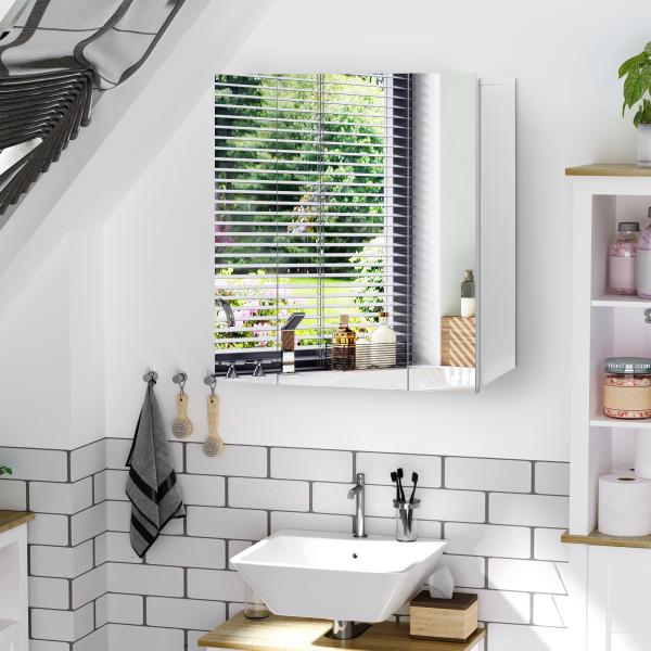 Armário de Casa de Banho com 3 Portas com Espelho Armário de Parede com Prateleiras Internas Ajustáveis 70x15x60 cm Branco