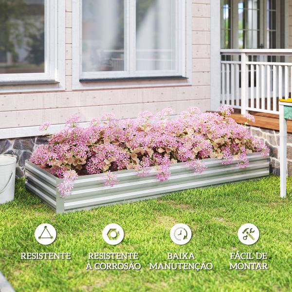 Floreira Exterior Grande Retangular em Aço Galvanizado para Terraço com Fundo Aberto 241x90,5x30 cm Prata