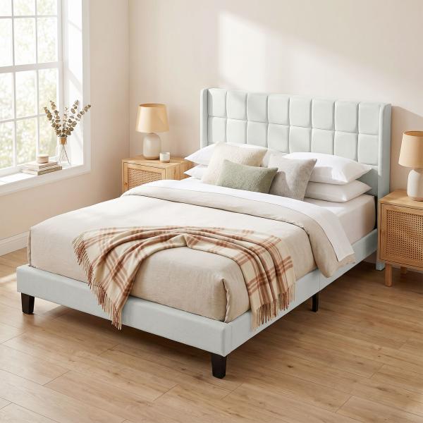 Cama de Casal 135x190 cm com Cabeceira Estofada com Laterais e Arrumação Inferior, Bege
