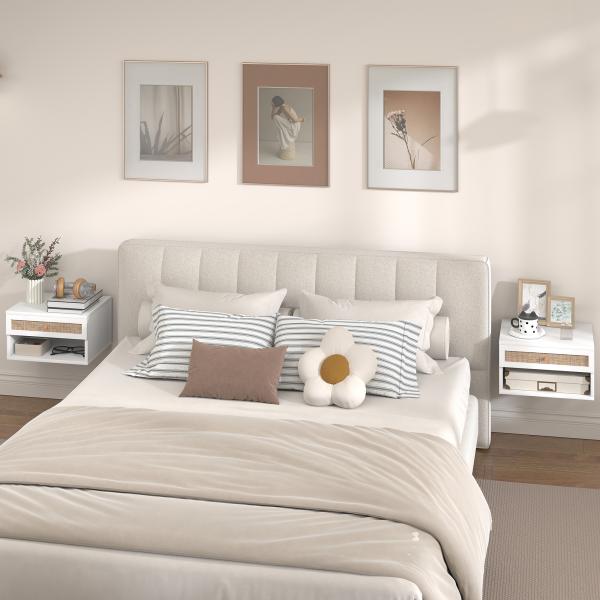 Conjunto de 2 Mesas de Cabeceiras Suspensas com Compartimento Aberto e Gaveta com Frente em Vime 40x34x23 cm Branco