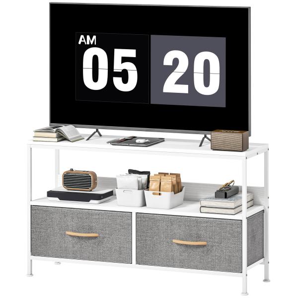 Móvel de TV com Prateleira e 2 Gavetas de Tecido Dobráveis para Televisores até 47 Polegadas 98x29x56 cm Branco e Cinza