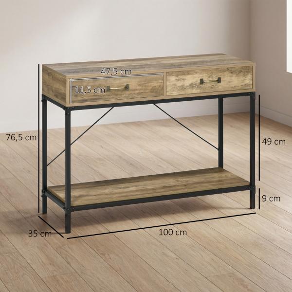 Mesa Consola Industrial Mesa de Sofá com 2 Gavetas e Prateleira para Entrada com Pés de Metal Castanho e Preto