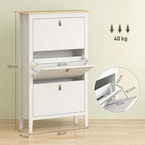 Sapateira para Entrada com 3 Gavetas Prateleiras Ajustáveis e Puxadores em PU para 21 Pares de Sapatos 80x24x131 cm Branco