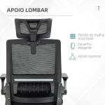Cadeira de Escritório de Malha Confortável Giratória com Altura e Apoio para a Cabeça Ajustáveis Apoio Lombar Preto 60x61x104,5 - 121,5 cm