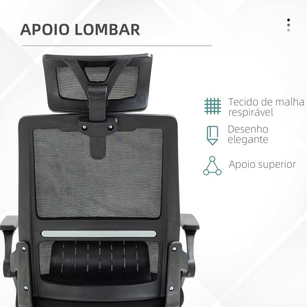 Cadeira de Escritório de Malha Confortável Giratória com Altura e Apoio para a Cabeça Ajustáveis Apoio Lombar Preto 60x61x104,5 - 121,5 cm