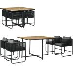 Conjunto de Jardim de Vime Sintético 5 Peças com Mesa Quadrada e 4 Cadeiras Almofadas Preto e Madeira