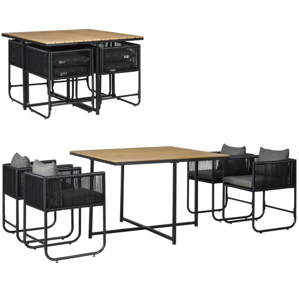 Conjunto de Jardim de Vime Sintético 5 Peças com Mesa Quadrada e 4 Cadeiras Almofadas Preto e Madeira