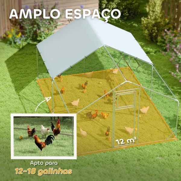 Galinheiro para Exterior 3x4 m Galinheiro de Aço Galvanizado com Comedouro Suspenso Tipo Espeto Poleiro Anti - UV Prata