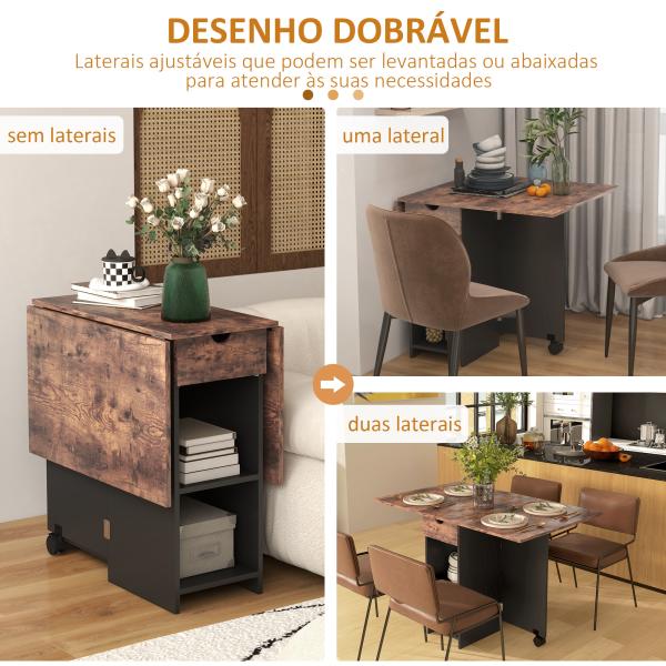 Mesa de Cozinha Dobrável com Rodas Laterais Rebatíveis Gaveta e Prateleiras para 2 - 4 Pessoas 120x72x75 cm Madeira Branco