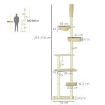 Arranhador para Gatos do Solo ao Teto de 230 - 250 cm com Altura Ajustável Múltiplas Plataformas Rede Bolas Suspensas Bege