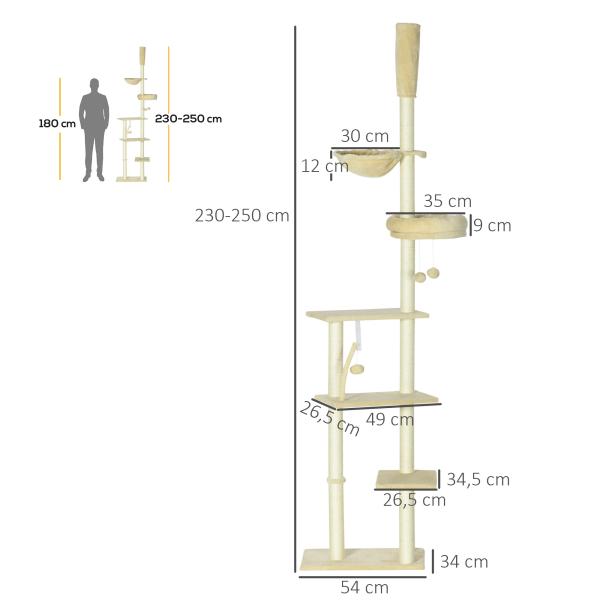 Arranhador para Gatos do Solo ao Teto de 230 - 250 cm com Altura Ajustável Múltiplas Plataformas Rede Bolas Suspensas Bege