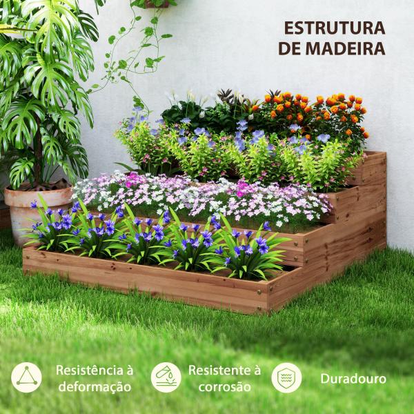 Floreira de Madeira Elevada de 4 Níveis com Desenho em Escada para Cultivos Plantas e Flores 113x113x46 cm Castanho Escuro