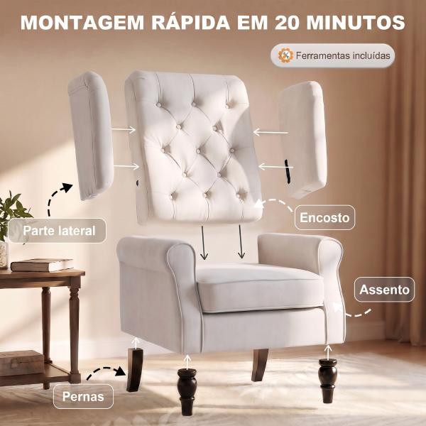 Poltrona de Sala de Estar Poltrona Moderna para Dormitório com Pés de Madeira Poltrona Individual 74x86x102 cm Creme