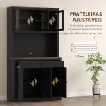 Armário de Cozinha com 3 Portas de Vidro Compartimento Aberto 2 Gavetas e Prateleiras Ajustáveis 100x40x180 cm Preto