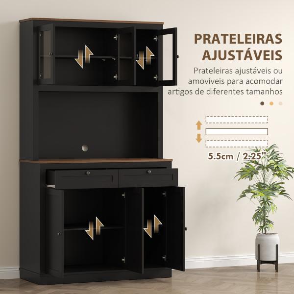 Armário de Cozinha com 3 Portas de Vidro Compartimento Aberto 2 Gavetas e Prateleiras Ajustáveis 100x40x180 cm Preto