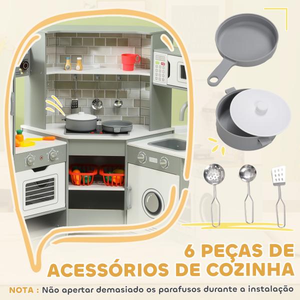 Cozinha de Madeira para Crianças com Sons Forno Lavatório Micro - Ondas Máquina de Gelo e Acessórios 110x80x91 cm Cinza