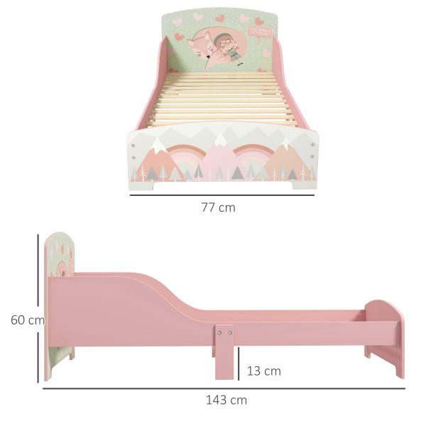 Cama para Crianças de Madeira com Barreira de Proteção e Estampados Carga Máx. 40 kg 143x77x60 cm Rosa
