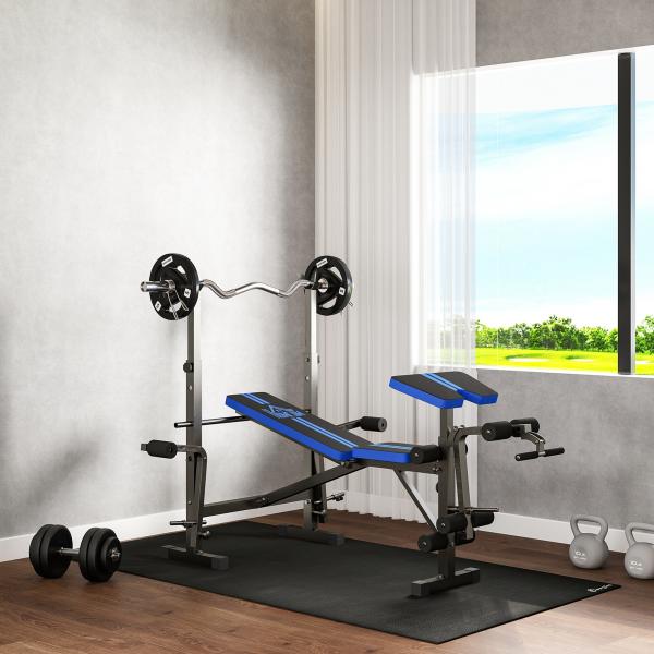 Banco de Musculação com Encosto Ajustável e Suporte para Barras Regulável para Treino em Casa Ginásio 175x139x127 cm Preto e Azul