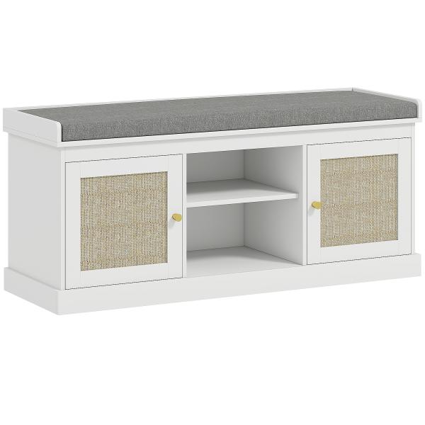 Banco Sapateira com Assento Acolchoado Portas em Vime e Prateleira Aberta para 9 Pares de Sapatos 105x35x47 cm Branco