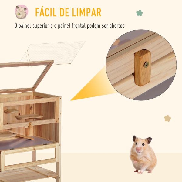 Gaiola de Madeira para Hamster com 5 Plataformas Rampa Dobrável Janela de Acrílico e Prateleira Inferior 60x40x80 cm Madeira Natural
