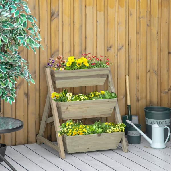 Horta de Escada de 3 Níveis Horta de Madeira com Tecido não tecido e Orifícios de Drenagem Horta para Plantas Flores Ervas 71x61x77cm Madeira Natural